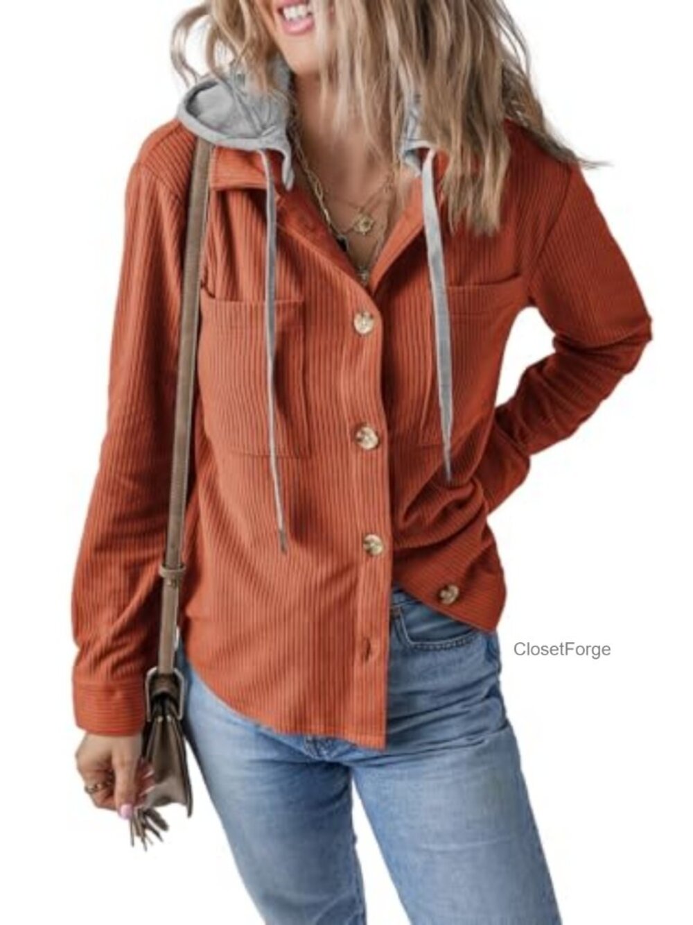 Women's Long Sleeve Button Down Corduroy Hooded Shacket Casual Jacket